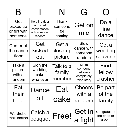 Wedding Crasher Bingo Card