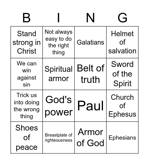 Armor of God Bingo Card