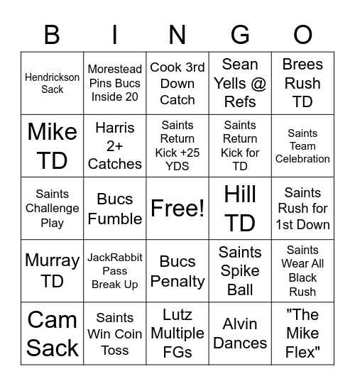 Saints V. Bucs Playoffs Bingo Card