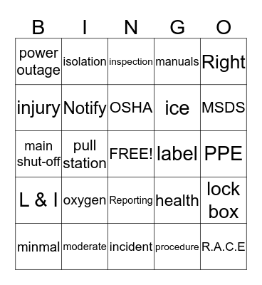 Safety Bingo Card