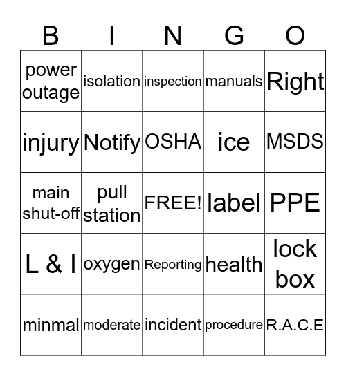Safety Bingo Card