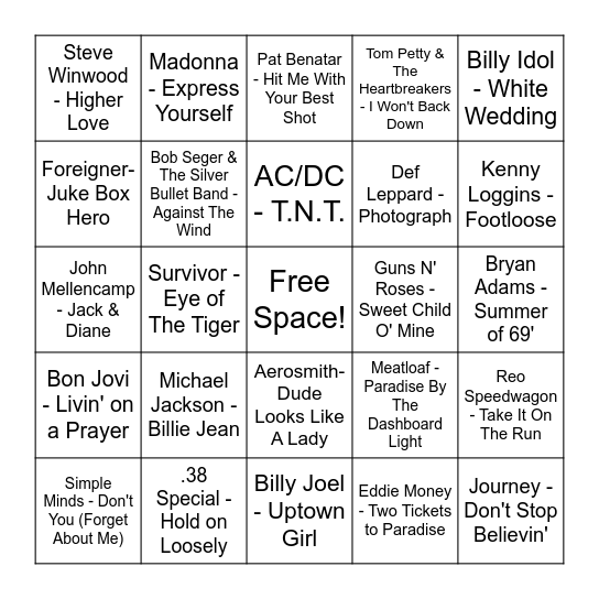 1980s Bingo Card