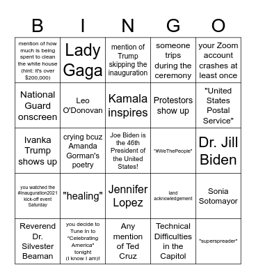 Inauguration Watch Party BINGO Card