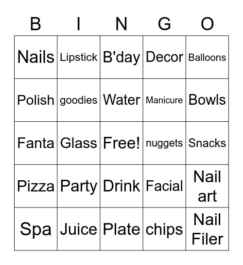 B'day Spa Bingo Card