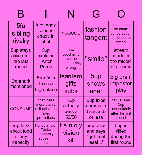 5up Stream Bingo Card