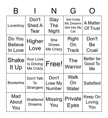 80s Hits Bingo Card