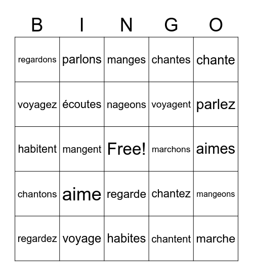 -er verb conjugations Bingo Card