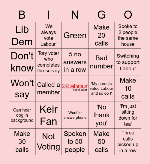 Phone Bank Bingo Card