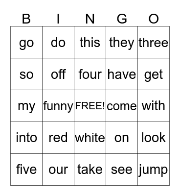 Sight Words Bingo Card