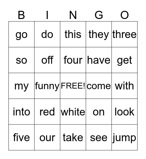 Sight Words Bingo Card