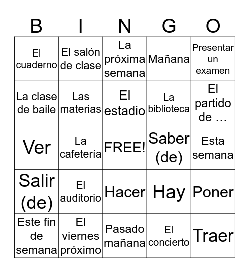 Chapter 4 Vocabulario 2 Bingo Card