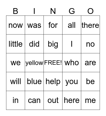 Sight Words Bingo Card
