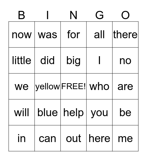 Sight Words Bingo Card
