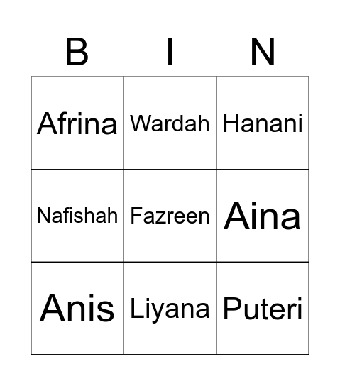 nama girl² Bingo Card