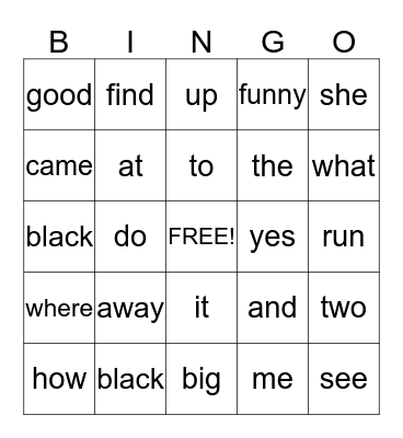 Sight Words Bingo Card