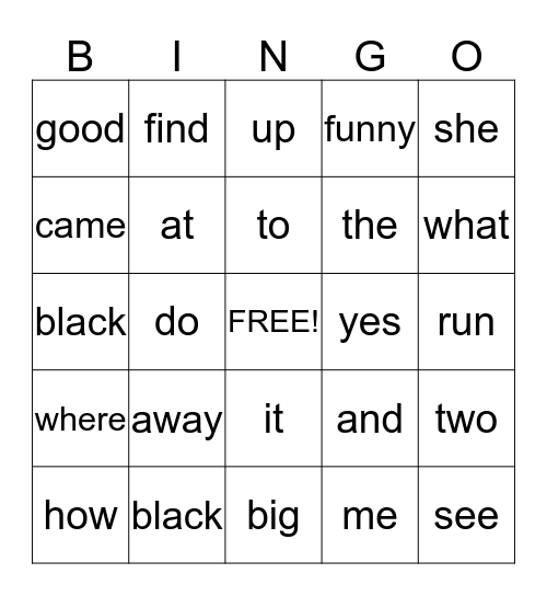 Sight Words Bingo Card