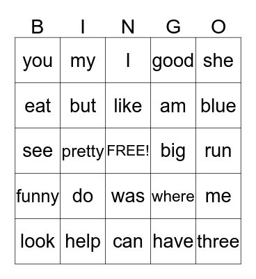 Sight Words Bingo Card