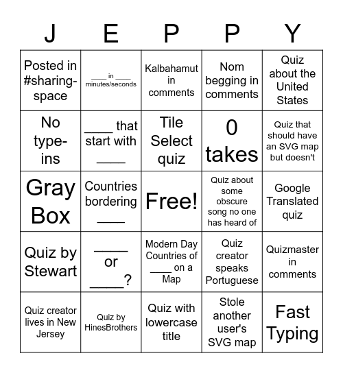 JetPunk Quiz Bingo Card