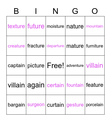 -ain, -ture Bingo Card