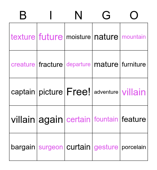 -ain, -ture Bingo Card