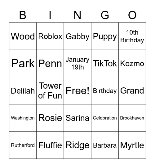 Kamille's Birthday - January 19th Bingo Card