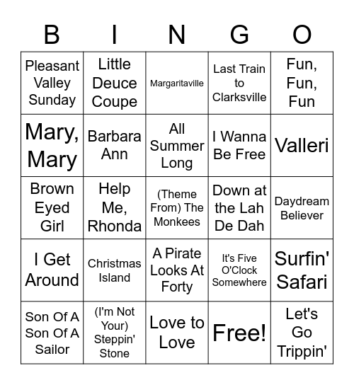 Beach Boys/Buffet/The Monkees Bingo Card