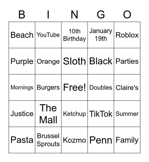 Kamille's Favorite Things or Not Bingo Card