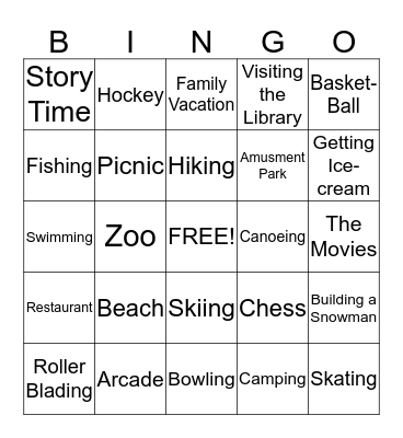 Family Activities Bingo Card