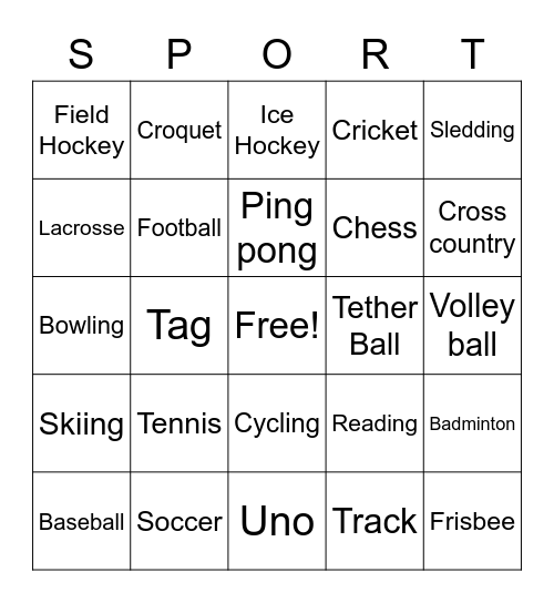 Sports and Leisure Bingo Card