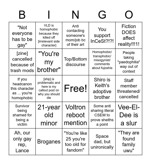 Voltron discourse bingo 2021 Bingo Card