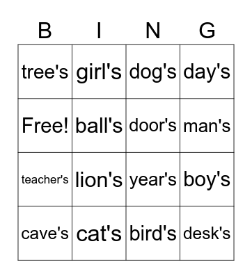 Possessive Nouns Bingo Card