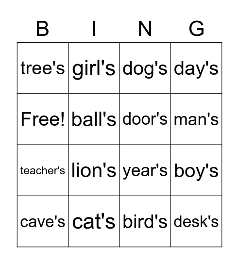 Possessive Nouns Bingo Card