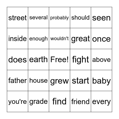 Sight Words Bingo Card