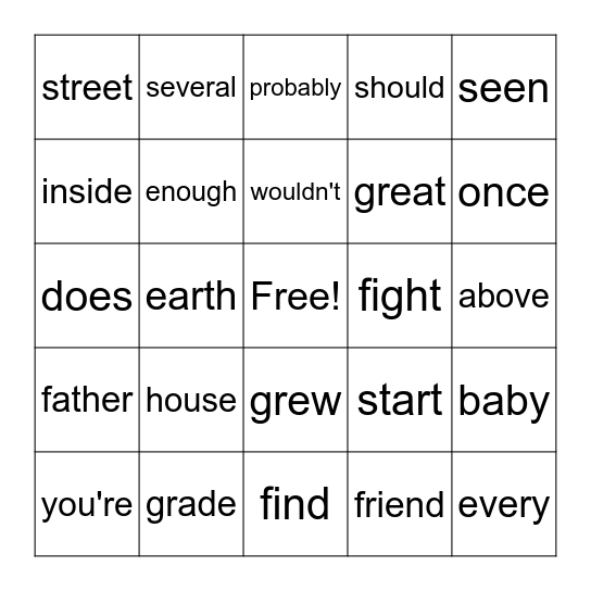 Sight Words Bingo Card
