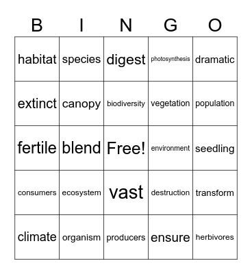 Ecosystems Bingo Card