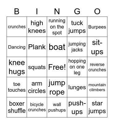 PE Class Fitness Bingo Card