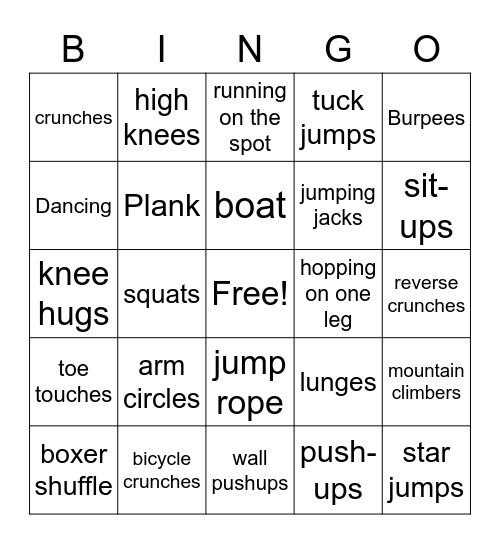 PE Class Fitness Bingo Card