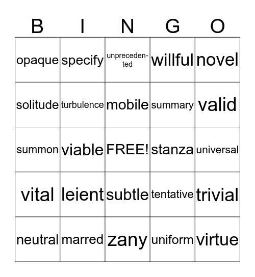 SAT Bingo List 5 Bingo Card