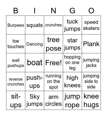 PE Class - Fitness Bingo Card