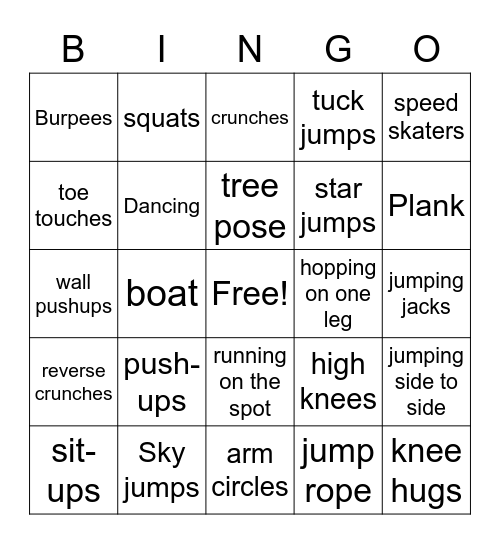 PE Class - Fitness Bingo Card