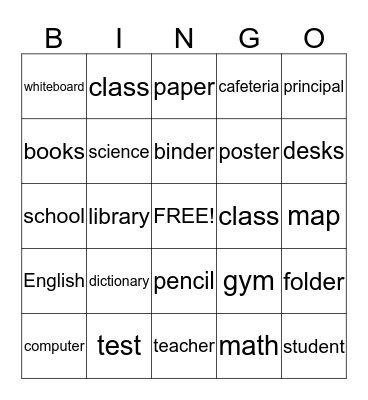 Nouns About School Things Bingo Card