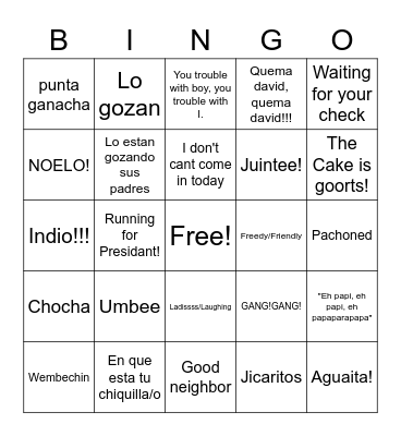 Family Sayings Bingo Card