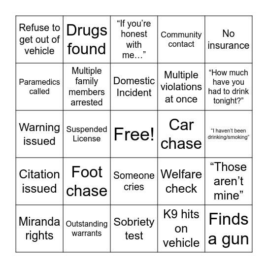 Live PD Bingo Card