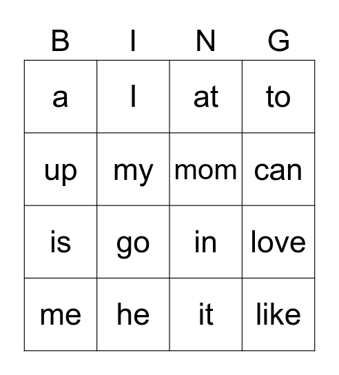 Sight Word Bingo Card