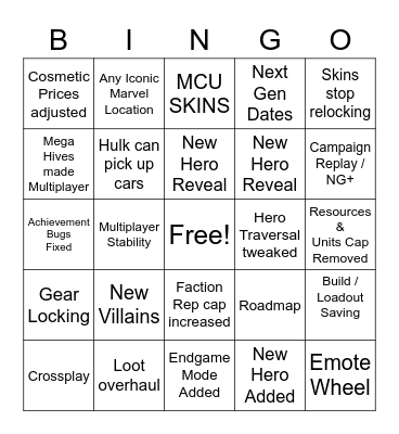 Marvels Avengers Update Bingo Card