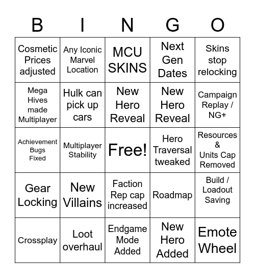 Marvels Avengers Update Bingo Card