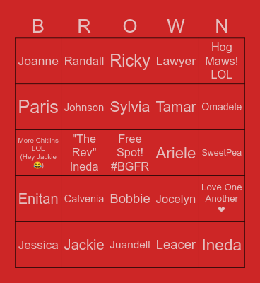 Brown/Garrett Family Bingo Card