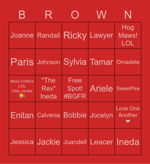 Brown/Garrett Family Bingo Card