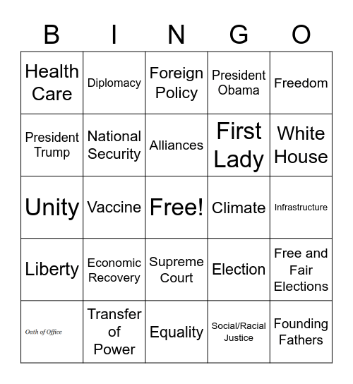 Inauguration Bingo Card
