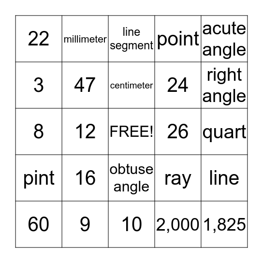 measurement & geometry Bingo Card